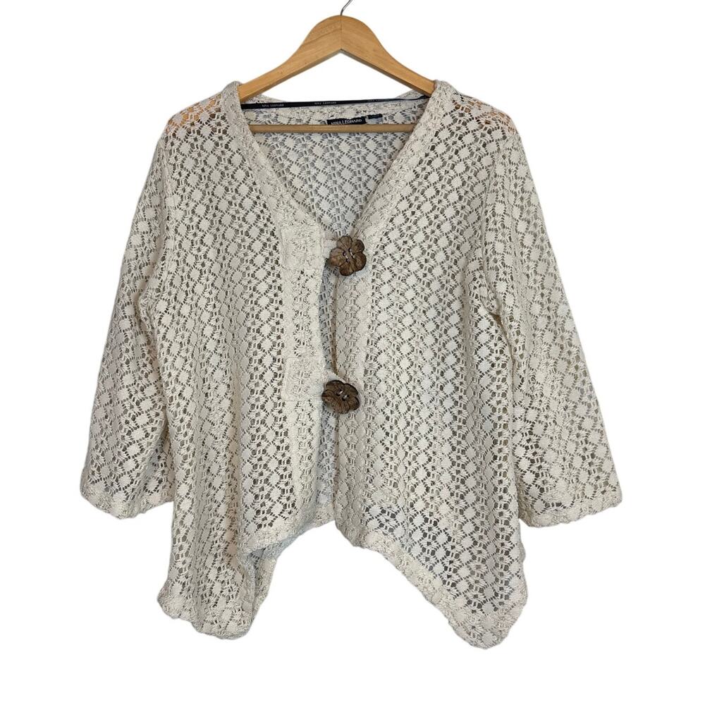 Vintage Open Knit Wood Button Cardigan Sheer Womens XL Bohemian Cottagecore